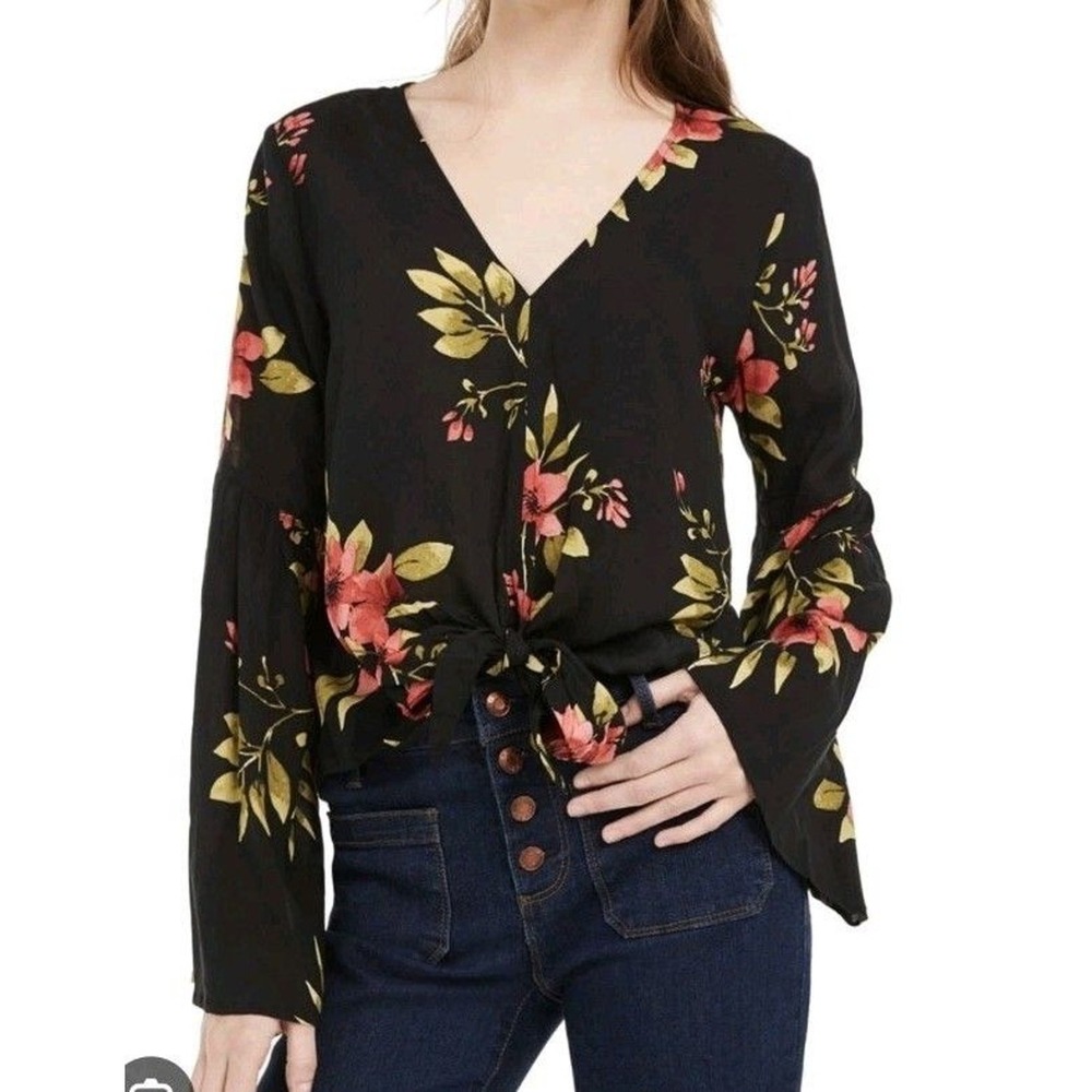 Polly‎ & Esther Black Floral Tie Front Blouse Bell Sleeves Boho Peasant Top Med